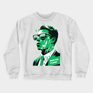 Save the Planet with Our Abstract White and Green Climate Activist Man Face Portrait Design Crewneck Sweatshirt